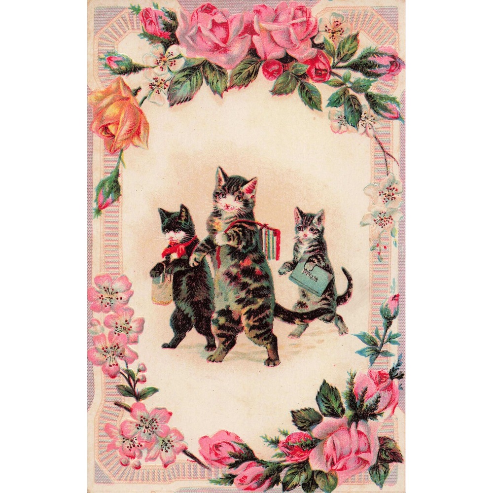 Vintage G.P. Brown & Co. Embossed Trade Card Anthropomorphic Kittens Roses Pink - Picture 1 of 2